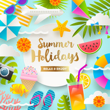 Summer Holidays And Beach Vacation Things And Items. Flat Design Vector Illustration.