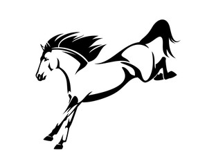 wild mustang horse jumping down - black and white vector stallion outline