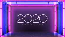 2020 Symbol On Luminous Neon Background. Vector Illustration With Realistic Blue And Pink Neon Tubes On Walls. Happy New Year.