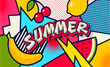 Summer. Pop art poster or banner. Funny comic fresh summer word. Social Media Communication. Trendy colorful retro vintage fruit background. Banana, watermelon, lemon and cherry vector illustration.