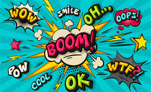 Boom Pop Art Cloud Bubble. Smile, Wow, Pow, Cool, Ok, Oops, Wtf Funny Speech Bubble. Trendy Colorful Retro Vintage Background In Pop Art Retro Comic Style. Illustration Easy Editable For Your Design.