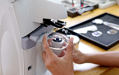 Collage image of the glasses manufacturing process.Health care, Man polishing glasses in optical shop, Grind the lens into the eyeglass.