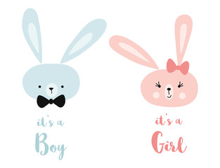 Wall Mural - It's a boy it's a girl Vector greeting card. Baby shower card. Baby card design element Rabbit head