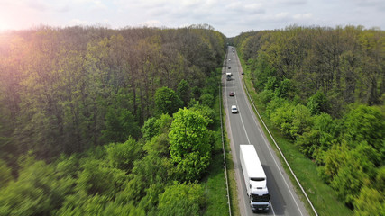 Wall Mural - Transport logistics background with truck and car motion on a highway between green forest