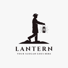 Man Holding Lantern To Lead The Way, Vintage Logo Illustration On White Background, Lantern Logo