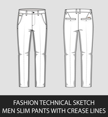 Wall Mural - Fashion technical sketch men slim pants with crease lines