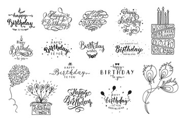 happy birthday party lettering design. set of calligraphy quote isolated on white background. hand d