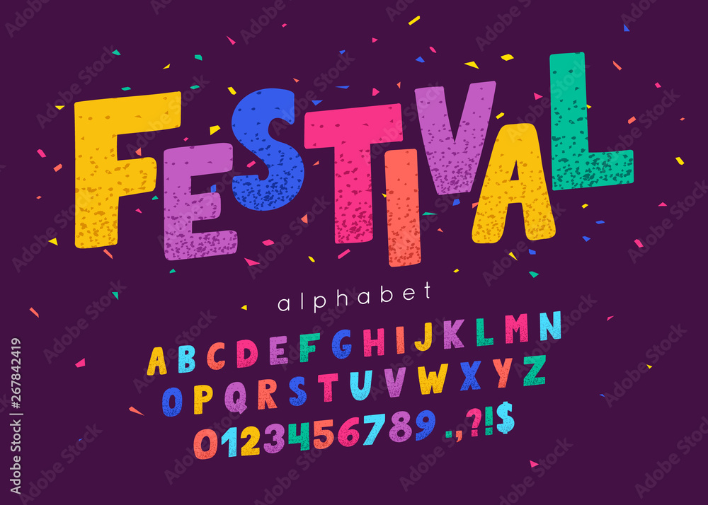 Vector font and alphabet. Abc, english letters and numbers. Festival - obrazy, fototapety, plakaty 