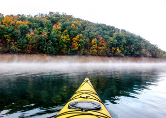 kayaking on lake fontana in great smoky mountains national park in north carolina in autumn