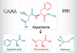 Aspartame, aspartic acid, phenylalanine, methanol molecule. Sugar substitute and E951. Structural chemical formula