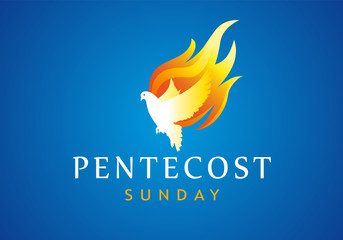 Pentecost sunday banner with dove in flame. Invitation the christian service of pentecost with Holy Spirit and text. Vector illustration