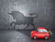 Concept of hidden potential. Toy car that rejects the shadow of a bull. 3D illustration