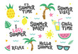 Vector set of summer elements. Text and food, fruits, drinks, palm leaves. Vector template for posters, stickers, cards, prints, party decoration and other.