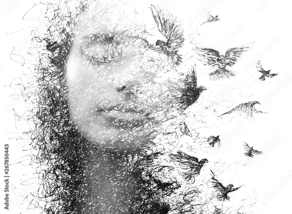 Paintography. Double Exposure portrait of an elegant woman with closed eyes combined with hand made pencil drawing of a flock of birds flying freely resembling disintegrating particles of her being - obrazy, fototapety, plakaty 