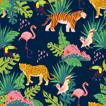 Vector Flat Tropical Seamless Pattern With Hand Drawn Jungle Plants And Elements, Animals, Birds Isolated. Toucan, Flamingo, Tiger. For Packaging Paper, Cards, Wallpapers, Gift Tags, Nursery Decor Etc