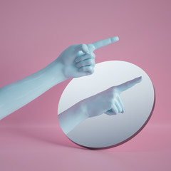 Wall Mural - 3d render, hand reflection in round mirror isolated on pink background, abstract conceptual composition, pointing finger, show gesture, mannequin body part