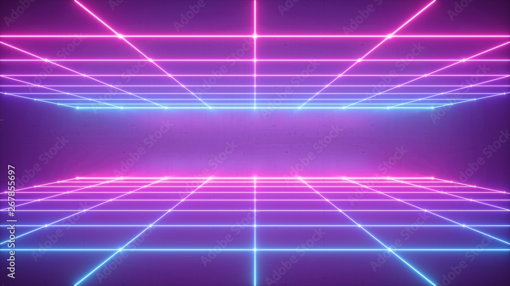 3d render, abstract neon background, virtual reality space, pink blue grid in ultraviolet spectrum, chart field, frontal perspective view - obrazy, fototapety, plakaty 