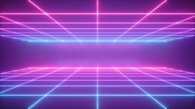3d Render, Abstract Neon Background, Virtual Reality Space, Pink Blue Grid In Ultraviolet Spectrum, Chart Field, Frontal Perspective View