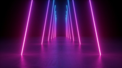 Wall Mural - 3d render, neon light rods, pink and blue vertical lines, tunnel in virtual reality, corridor, ultra