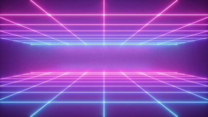 Wall Mural - 3d render, abstract neon background, virtual reality space, pink blue grid in ultraviolet spectrum, chart field, frontal perspective view