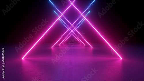 3d render, neon light rods, pink and blue lines, tunnel in virtual reality, tria Canvas Print