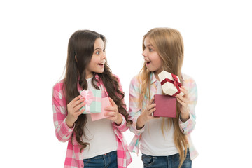 Perfect present for teen. Birthday present. Girls sisters or friends hold gift boxes. Intriguing moment. Small girls open holiday present. Children excited cheerful faces hold presents. Opening gifts