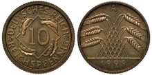 Germany German Coin 10 Ten Reichspfennig 1929, Digits Of Value Within Rhombus Flanked By Oak Leaves, Pyramid Of Grain Stalks, Date Below,