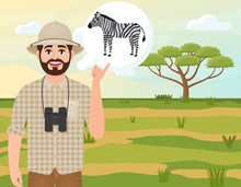 Happy Man In A Cork Hat, An Animal Hunter Thinks About A Zebra, A Safari Landscape, An Umbrella Acacia, African Countryside Vector Illustration