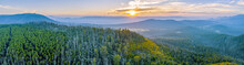 Sunset Over Mountains And Forest In Yarra Ranges National Park - Aerial Panoramic Landscape