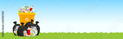 Fotografía bin, lots of garbage bags plastic waste at grass floor, many trash bag plastic,