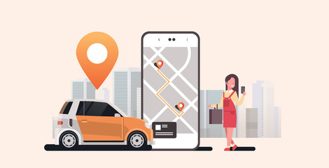 woman using mobile app ordering automobile vehicle with location mark rent car sharing concept transportation carsharing service modern cityscape background horizontal