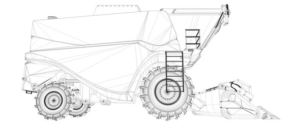 Wall Mural - Thin contoured, detailed 3D model of rye agricultural combine harvester isolated on white, agricultural machine research concept - industrial 3D illustration