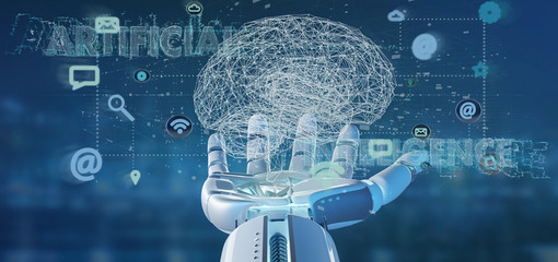 Cyborg hand holding a artificial intelligence concpt with a brain and app 3d rendering