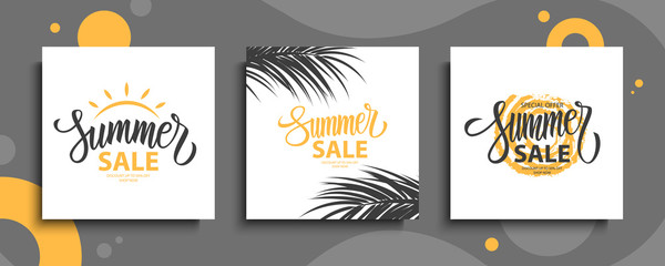 Wall Mural - Summer Sale promotional cards set. Summertime seasonal special offer templates with hand lettering, palm leaves and sun for business, seasonal shopping, promotion and advertising. Vector illustration.
