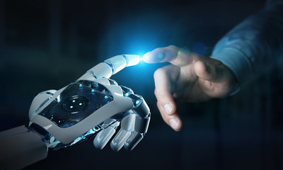 Fototapete - Robot hand making contact with human hand on dark background 3D rendering