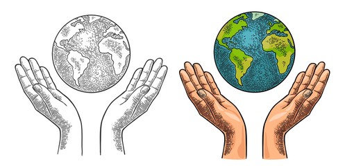 earth planet in open female human palms. vector black vintage engrav