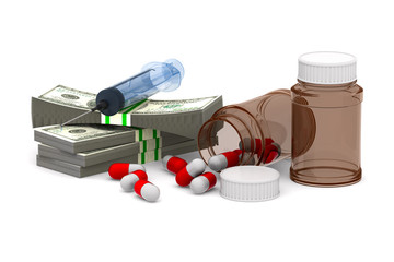 Wall Mural - money and medicaments on white background. Isolated 3D illustration