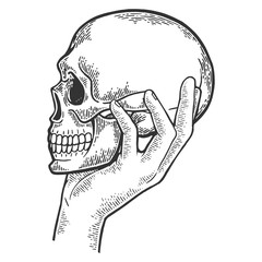 human skull in hand sketch engraving vector illustration. scratch board style imitation. black and w