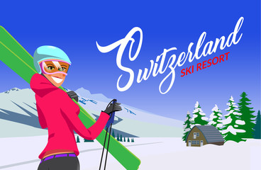 Wall Mural - Ski resort in Switzerland lettering poster design with winter landscape and cartoon style girl.