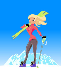 Wall Mural - Vector illustration for ski resort poster design with cartoon blonde girl and mountain on background.