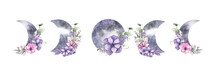  Mystical Moon, Watercolor Moon In Purple Hues, Moon With Flower, A Number Of Moon And Months