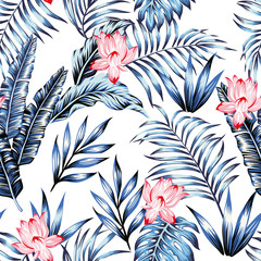 Wall Mural - Blue tropical leaves pink flowers white background