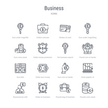 Set Of 16 Business Concept Vector Line Icons Such As Pounds Coins Stack, Pounds Bag Of Business, Dollar On Business Time, Businessman With Pounds Message In A Speech Bubble, Down Graphic Of Stats,