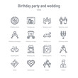 © zaurrahimov - set of 16 birthday party and wedding concept vector line icons such as pastor, queue, relationship, sweet, wedding, wedding album, altar, bells. 64x64 thin stroke icons