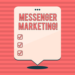 Writing note showing Messenger Marketing. Business concept for act of marketing to your customers using a messaging app Blank White Speech Balloon Floating with Punched Hole on Top