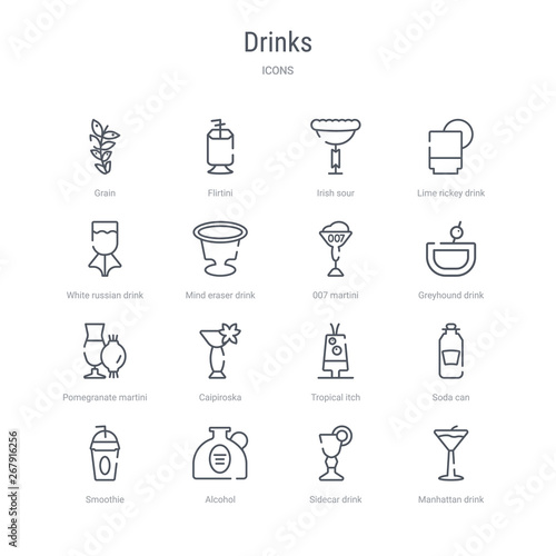 Photo  set of 16 drinks concept vector line icons such as manhattan drink, sidecar drink, alcohol, smoothie, soda can, tropical itch, caipiroska, pomegranate martini