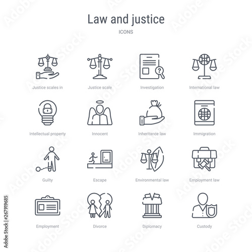 Fotografía set of 16 law and justice concept vector line icons such as custody, diplomacy, divorce, employment, employment law, environmental law, escape, guilty