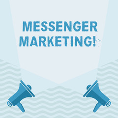 Handwriting text writing Messenger Marketing. Conceptual photo act of marketing to your customers using a messaging app Blank Double Spotlight Crisscrossing Upward from Two Megaphones on the Floor