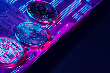 golden bitcoin and computer chip in background