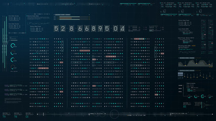 Futuristic source code digital data telemetry motion graphic display screen with user interface display for digital background computer desktop display screen